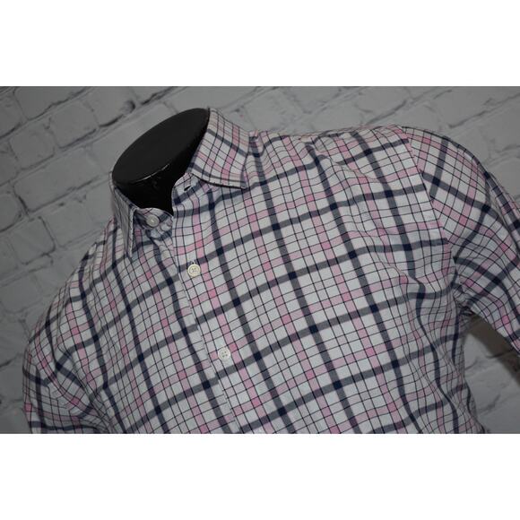 Express Button Up Dress Shirt Mens Size Large Slim Fit Pink White Plaids - Picture 1 of 6